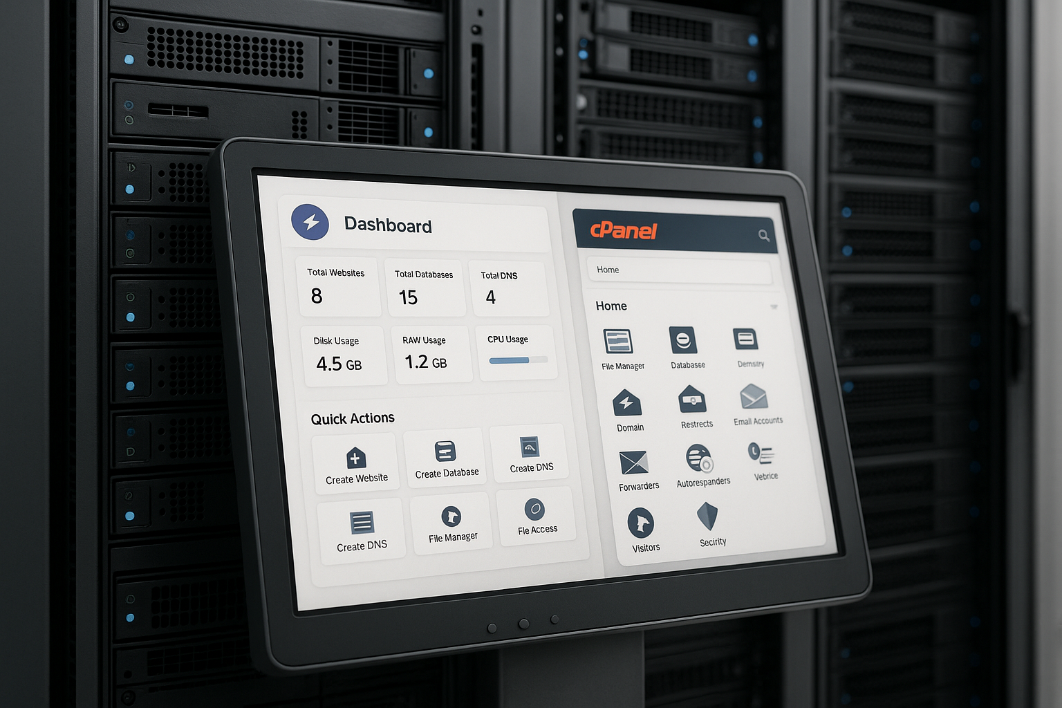 Server rack con interfacce utente di cPanel e CyberPanel con insegna LiteSpeed.