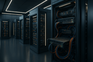 Fotorealistlik vaade moodulsest serveriruumist kaasaegse mikroteenuste majutuse jaoks