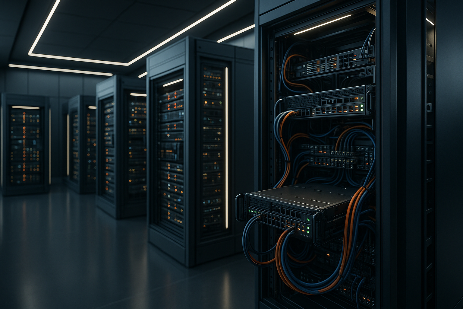 Fotorealistinen näkymä modulaarisesta palvelinhuoneesta nykyaikaista mikropalveluiden isännöintiä varten.