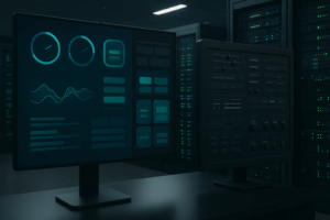 Moderner Serverraum mit Digital-Dashboard und klassischem Adminpanel