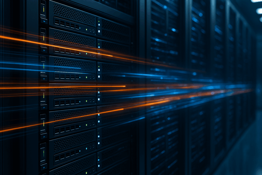 Moderne Server im Rechenzentrum mit schnellen farbigen Datenströmen als Symbol für effiziente HTTP/3 Push und Preload Leistung