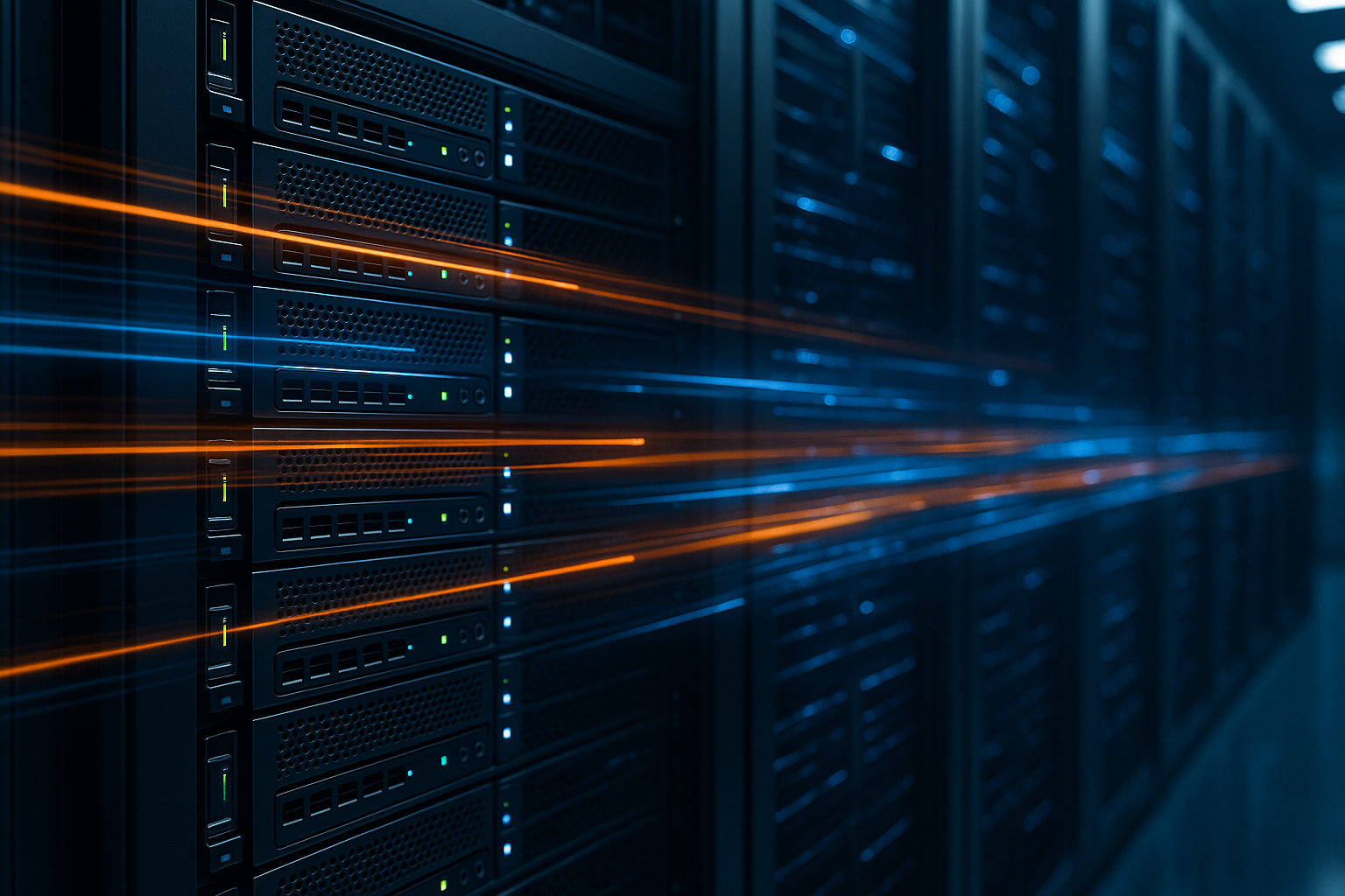 Servere moderne în centrul de date cu fluxuri rapide de date colorate ca simbol al performanței eficiente de push și preload HTTP/3