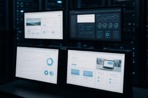 Serverrum med skærme, der viser visuel overvågning af hjemmesiden og skærmbilleder
