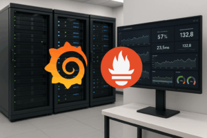 サーバーラックとダッシュボードを備えたホスティング用モニタリングスタックの視覚化