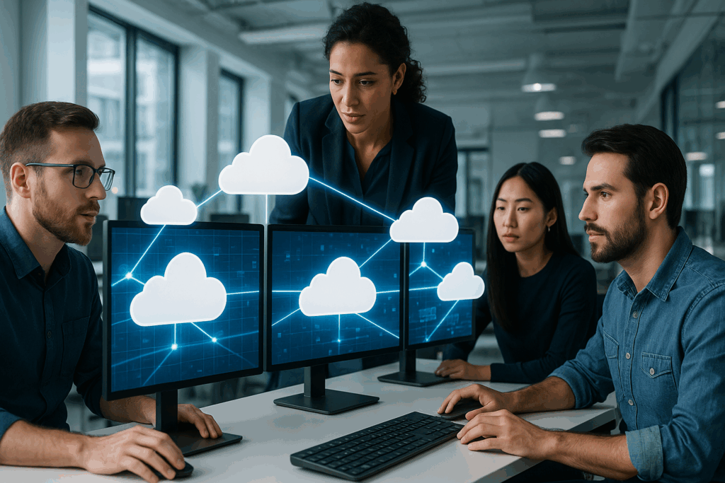 Mehrere Cloud-Symbole verbinden sich über Monitore in einem modernen Entwicklerbüro