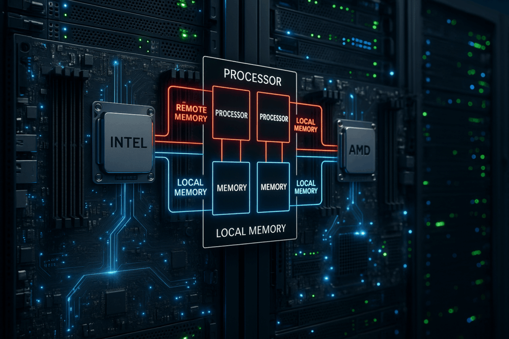 NUMA-Architektur Visualisierung mit Prozessoren und Speicherknoten in modernem Serverumfeld
