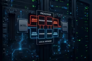NUMA architecture visualization with processors and memory nodes in a modern server environment