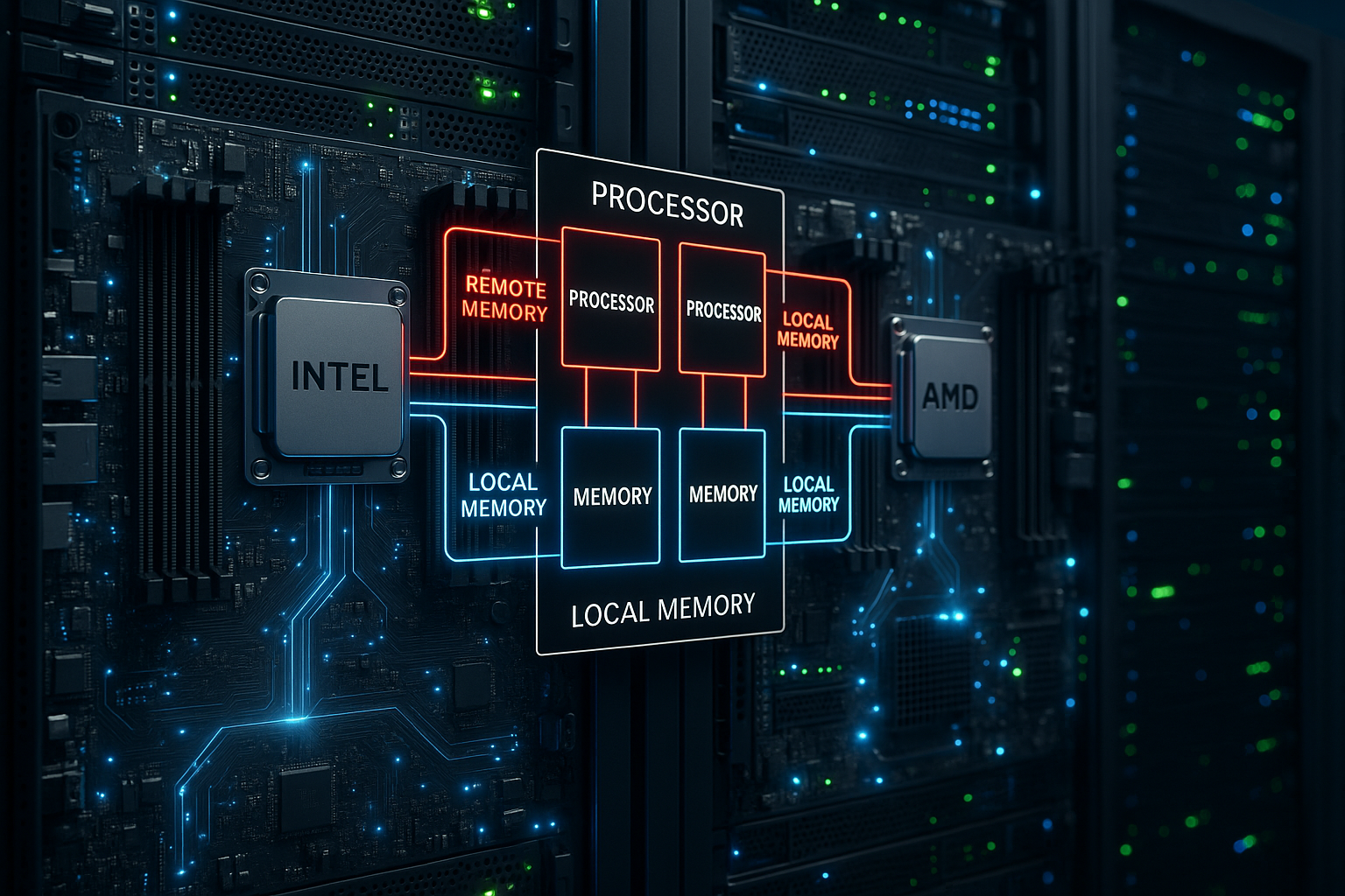 Vizualizacija arhitekture NUMA s procesorji in pomnilniškimi vozlišči v sodobnem strežniškem okolju
