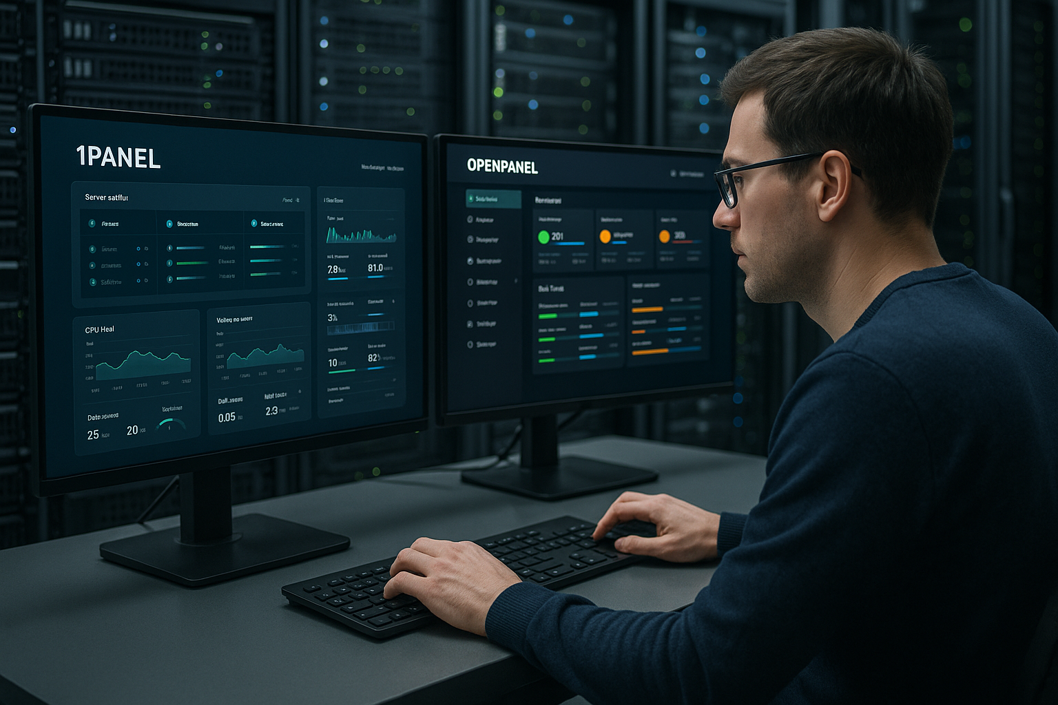 Ambiente server moderno con pannelli di controllo digitali per 1Panel e OpenPanel