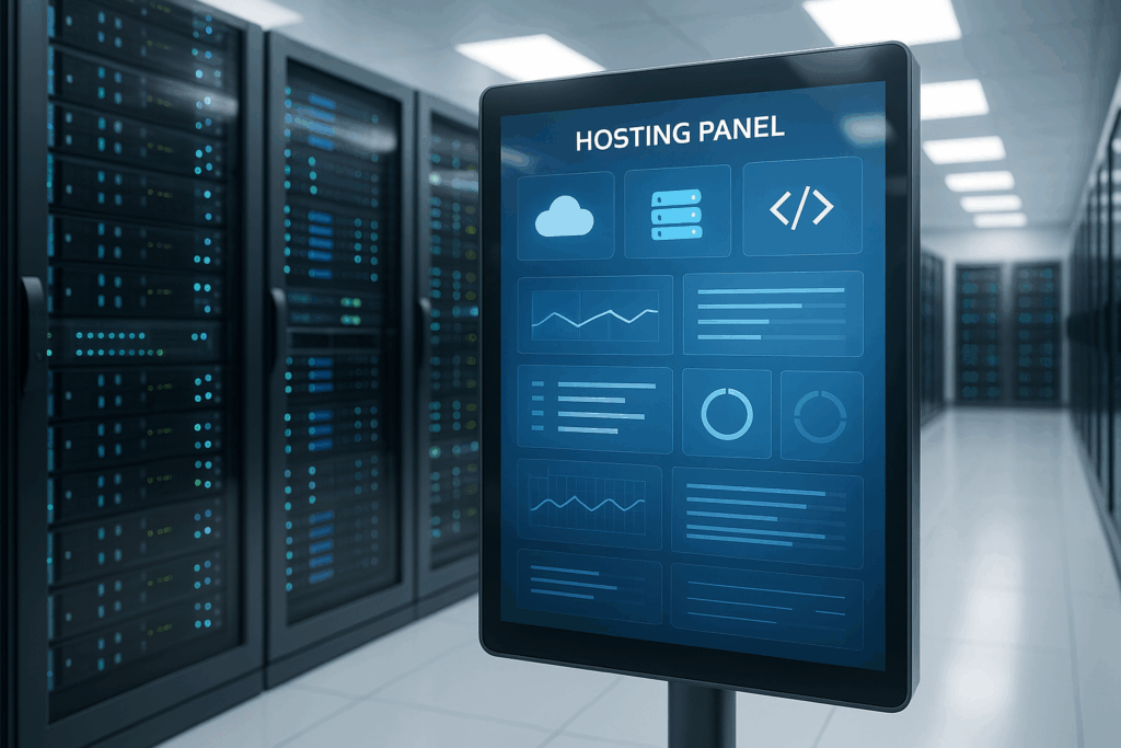Moderný ovládací panel hostingu na dotykovej obrazovke v serverovni