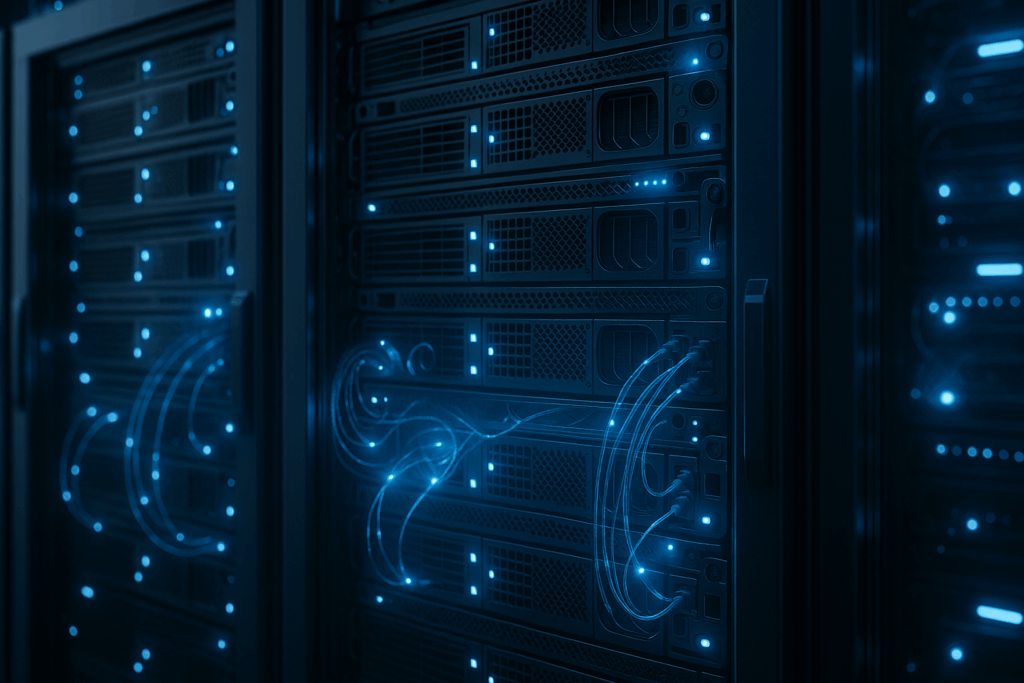 Serverové stojany s modernou technológiou Quantum vo futuristickom dátovom centre