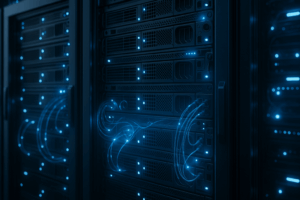 Racks de servidor com a moderna tecnologia Quantum em um data center futurista