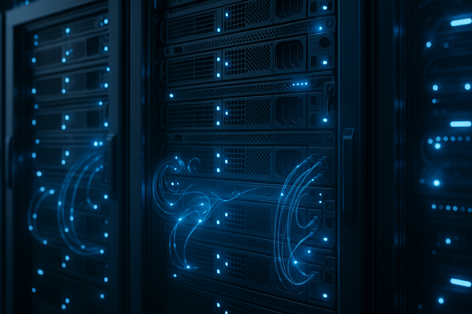 Rafturi pentru servere cu tehnologie modernă Quantum în centrul de date futurist