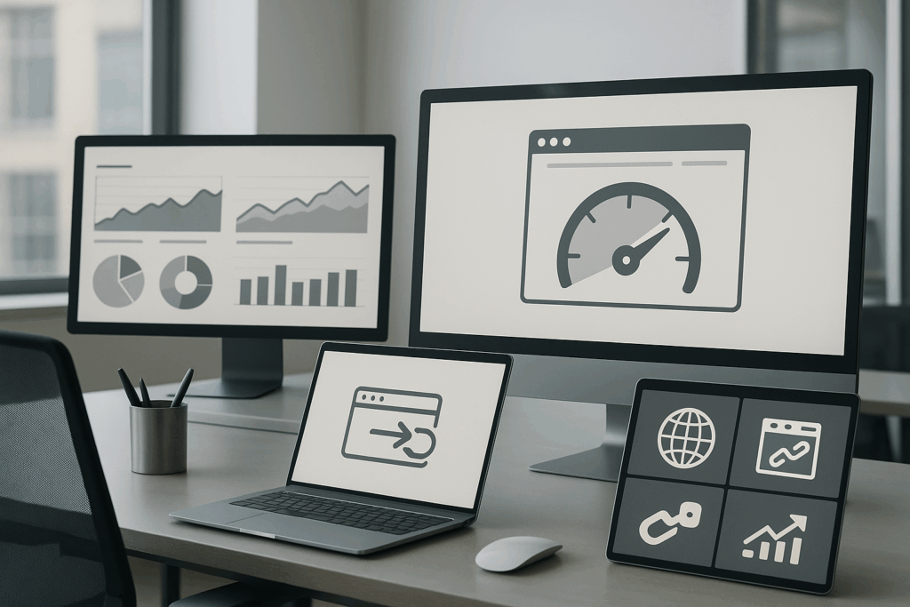 Fotorealistische Darstellung eines Web-Büros mit geöffneter Landingpage und Schnellladeindikator