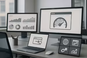 開いたランディングページとクイックロードインジケータを備えたウェブオフィスのフォトリアリスティックな表現