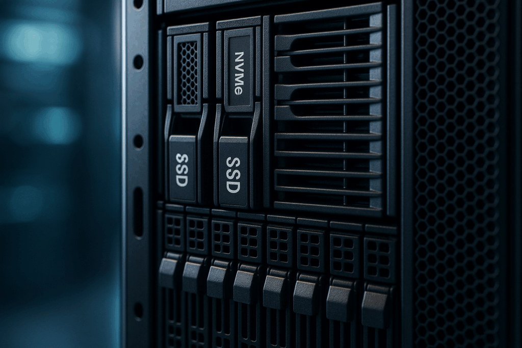 Server-Rack im Rechenzentrum mit NVMe, SSD und HDD Laufwerken, Nahaufnahme.