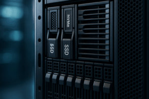 データセンター内のサーバーラック、NVMe、SSD、HDD ドライブ、クローズアップ。.