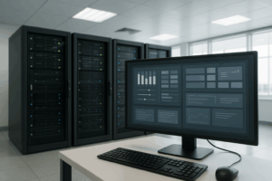 Fotorealistyczna serwerownia z wieloma szafami serwerowymi i interfejsem panelu na ekranie