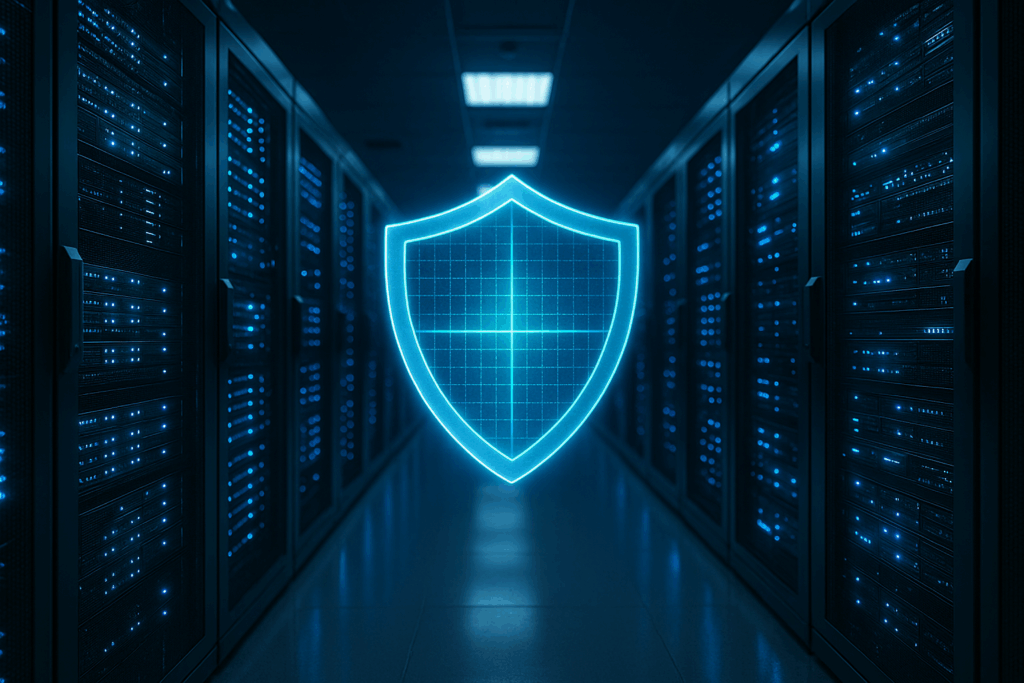 Moderner Serverraum mit digitalem Schild als Symbol für Webhosting-Sicherheit