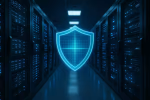 Modern server room with digital sign as a symbol of web hosting security