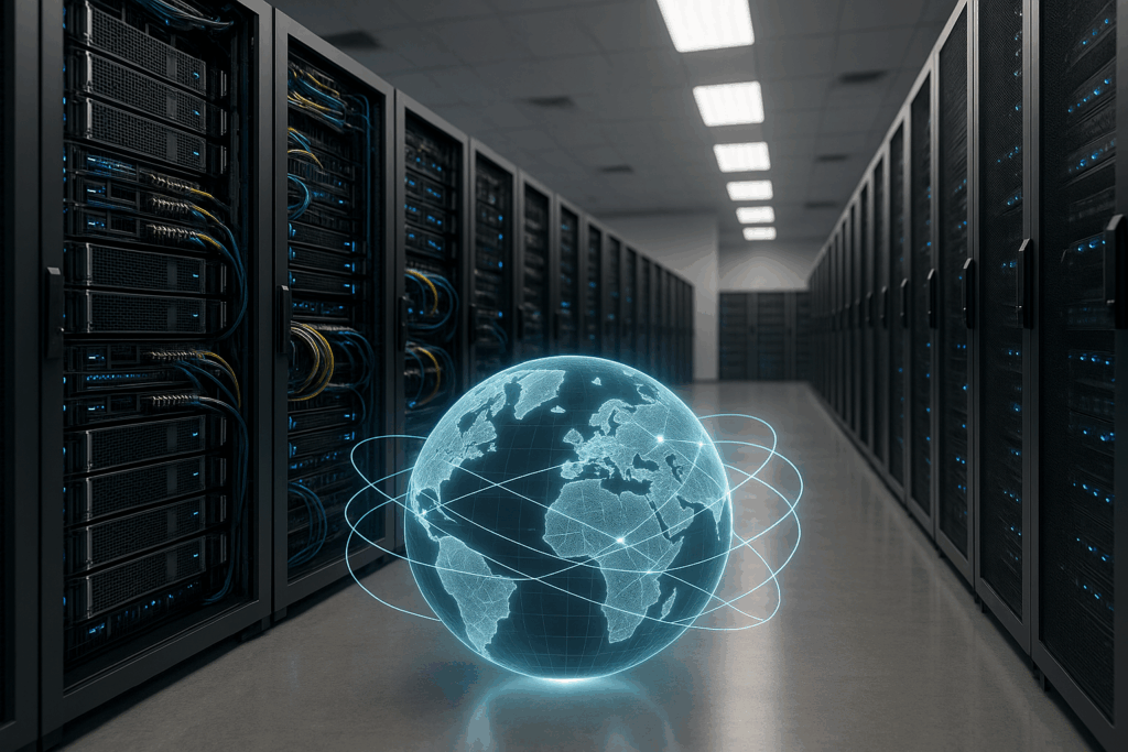 Modernes Rechenzentrum symbolisiert Server Standort Hosting und globale Latenzoptimierung