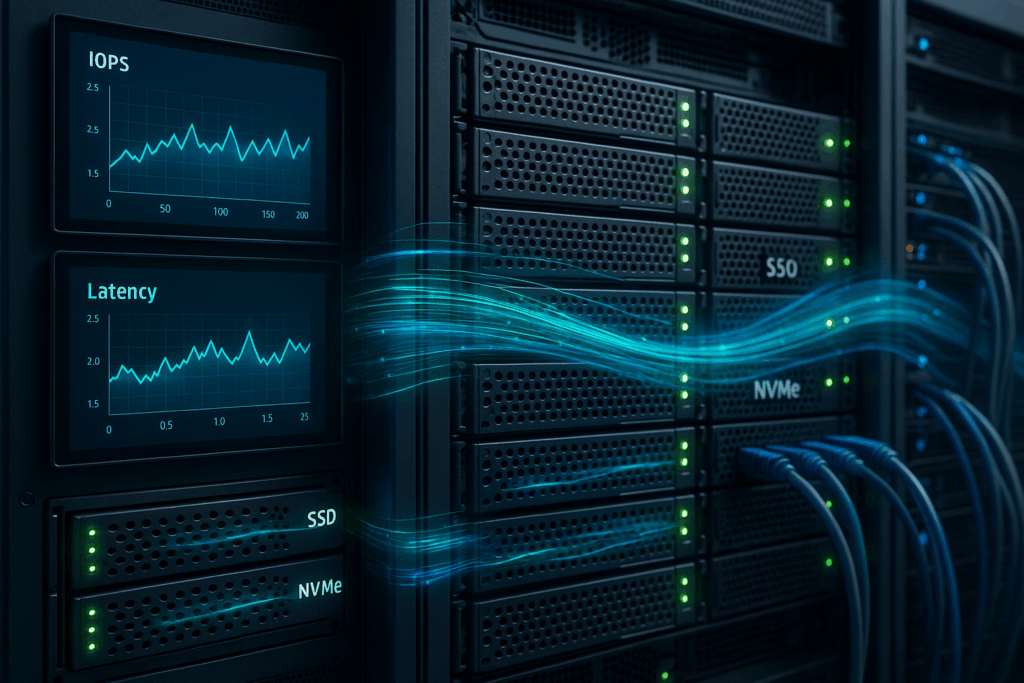Moderner Server mit SSD-Storage und I/O-Performance-Monitoring für optimale Datenspeicher-Geschwindigkeit