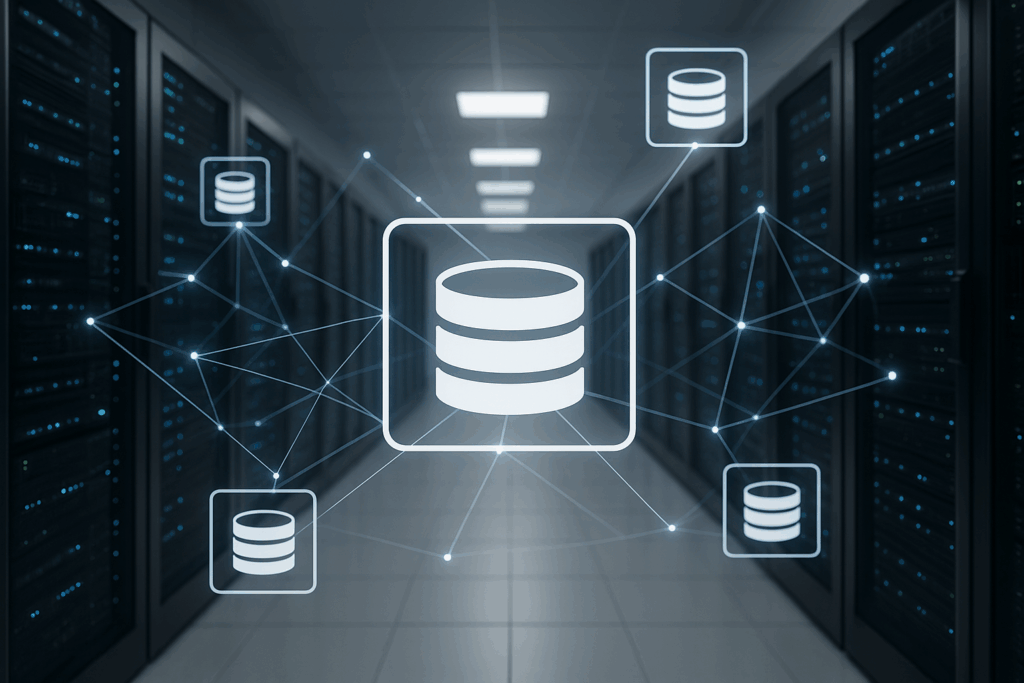 Serverraum und schwebende digitale Datenbank-Icons in moderner Hosting-Architektur