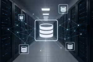 サーバー室と、最新のホスティングアーキテクチャにおける浮遊するデジタルデータベースアイコン