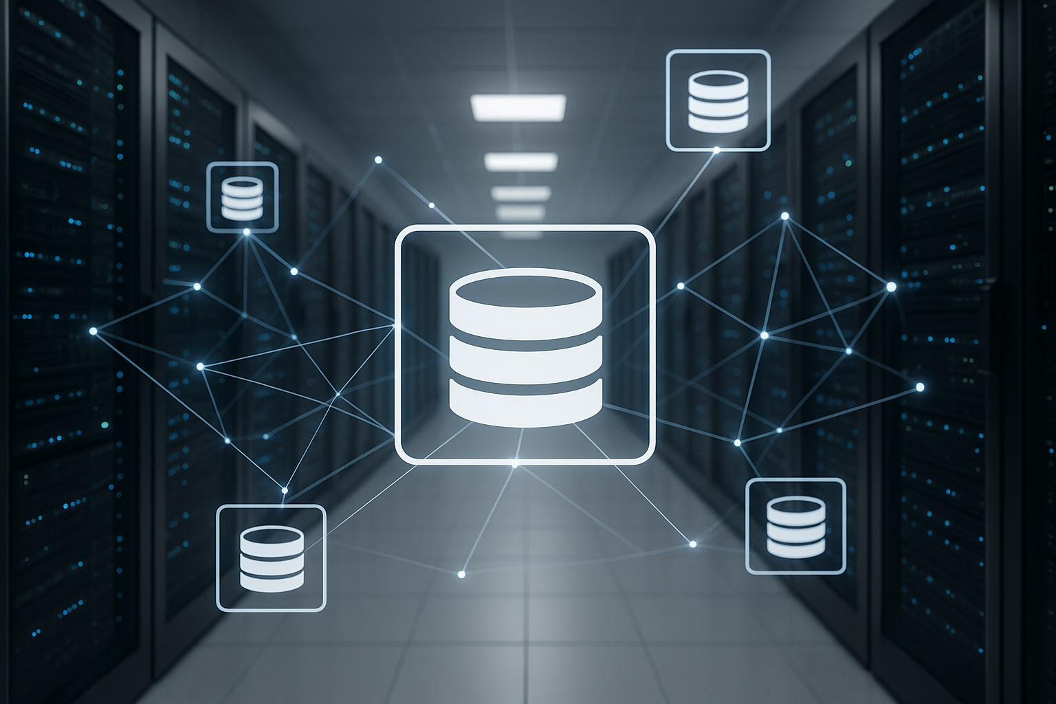 サーバー室と、最新のホスティングアーキテクチャにおける浮遊するデジタルデータベースアイコン