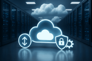 Fotorealistisk fremstilling af en serverløs cloud-arkitektur med digitale symboler for effektivitet.