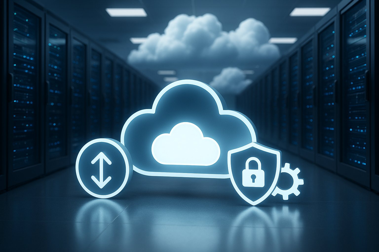 Reprezentare fotorealistă a unei arhitecturi cloud fără server cu simboluri digitale pentru eficiență.