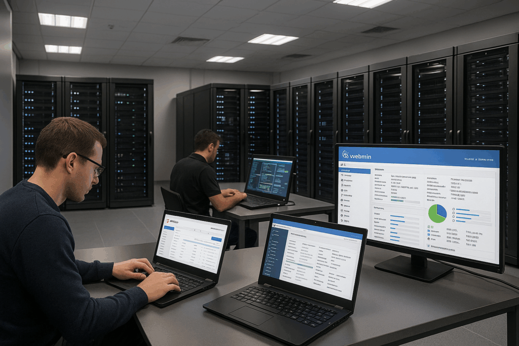 Modernes Rechenzentrum mit Serverracks und Bildschirmen, die Webmin und ISPConfig zeigen