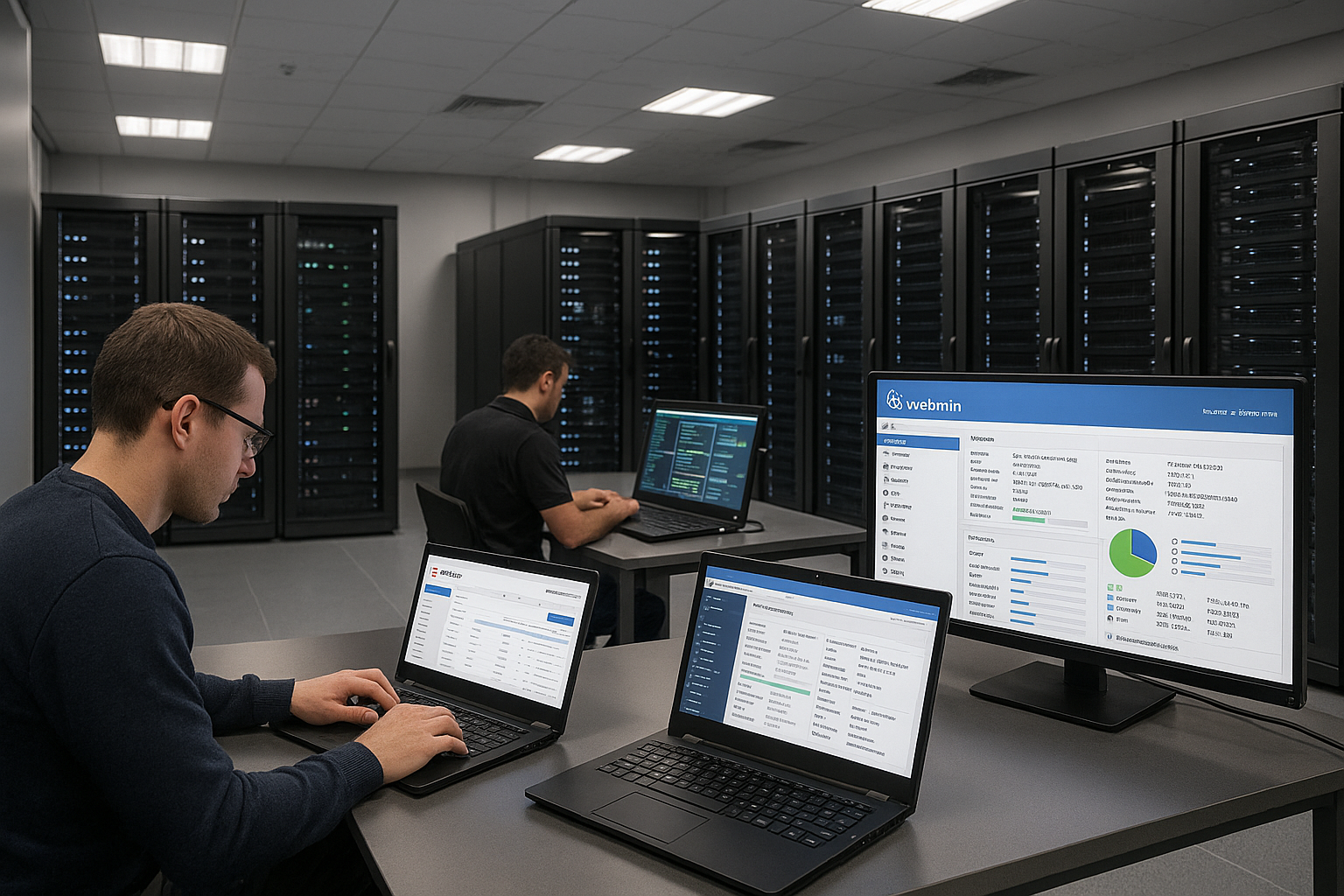 Modernes Rechenzentrum mit Serverracks und Bildschirmen, die Webmin und ISPConfig zeigen