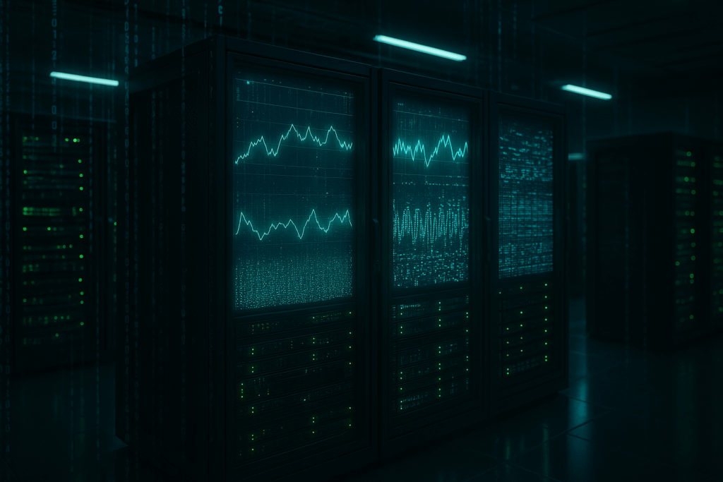 Photorealistische Serverlandschaft mit KI-Monitoring-Dashboards und Trendanalysen