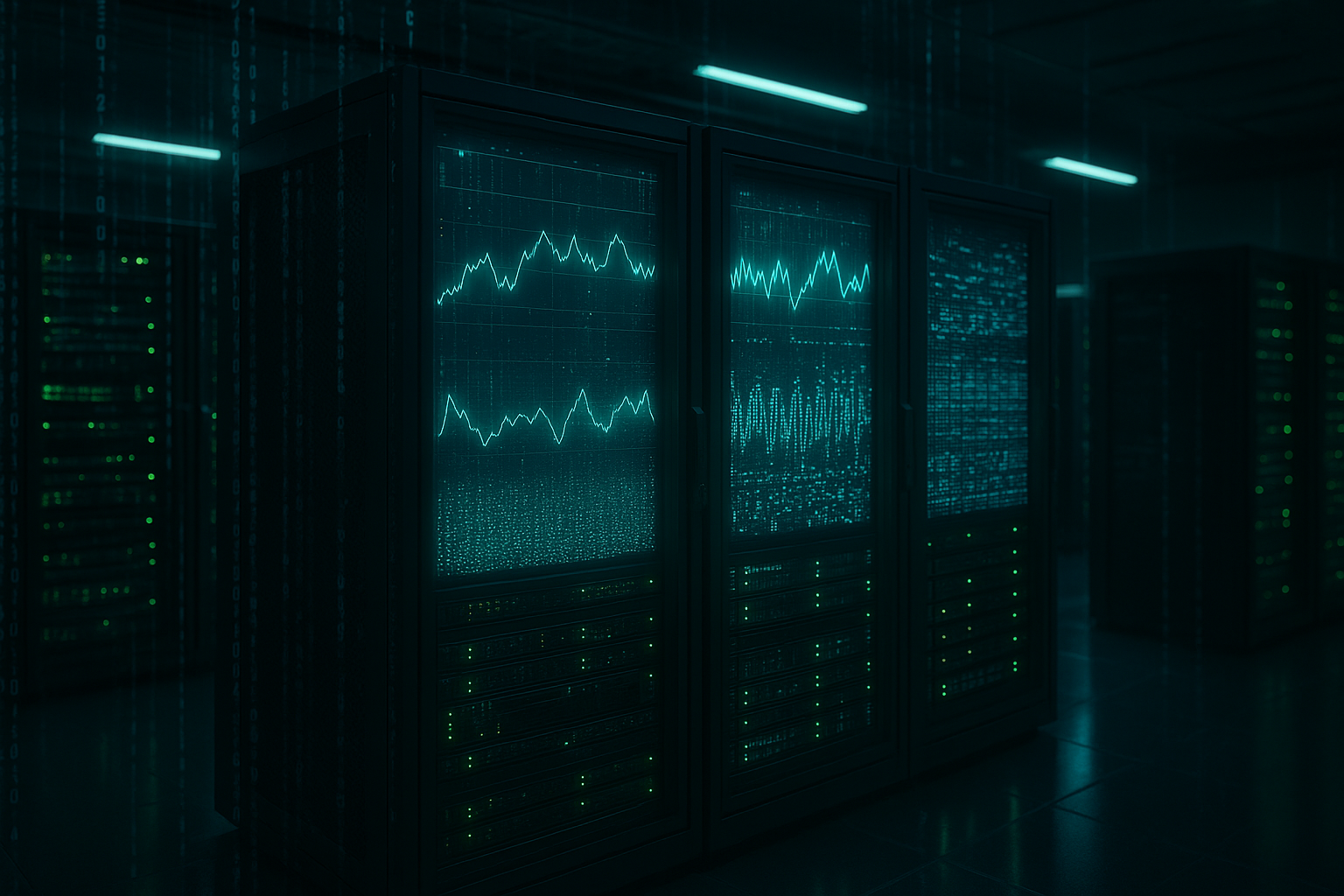 Photorealistische Serverlandschaft mit KI-Monitoring-Dashboards und Trendanalysen