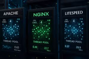 Visualization of thread pool optimization on Apache, NGINX, and LiteSpeed web servers with performance metrics