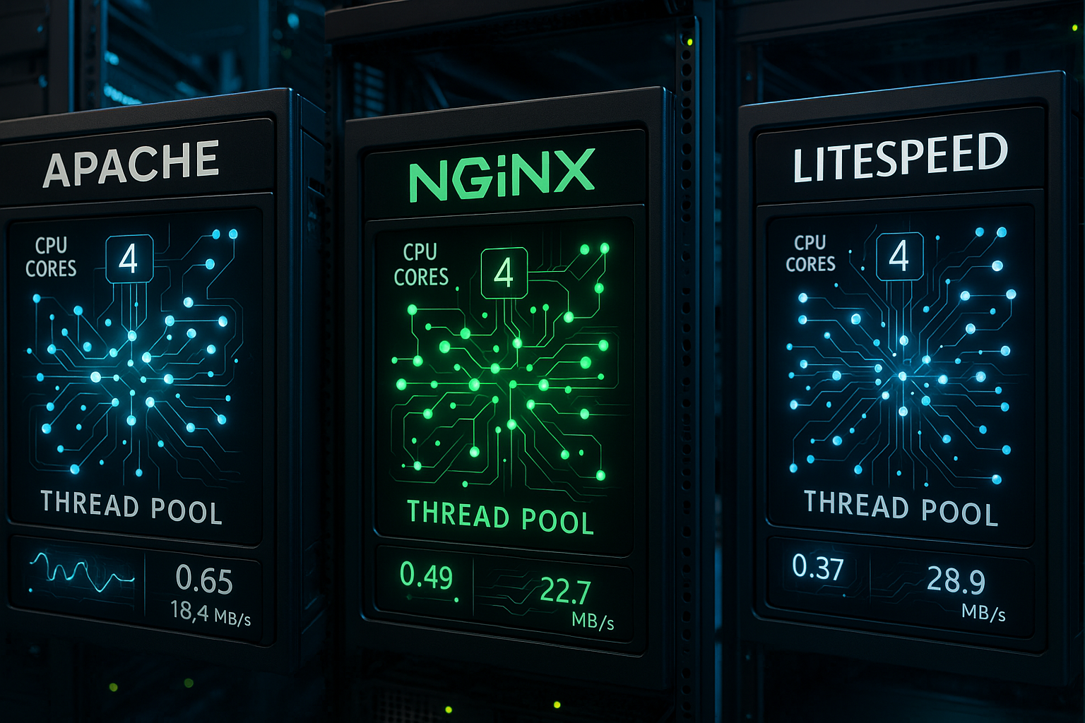 Visualizzazione dell'ottimizzazione del thread pool nei server web Apache, NGINX e LiteSpeed con metriche delle prestazioni