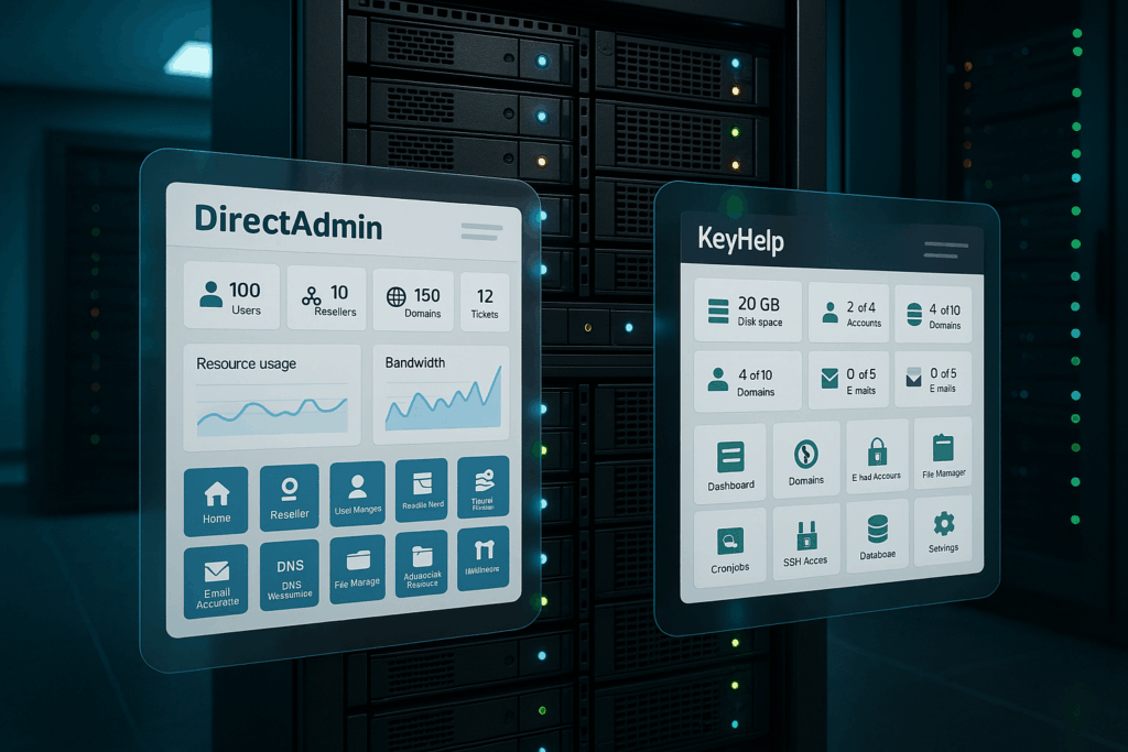 Moderný serverový stojan s panelmi DirectAdmin a KeyHelp v centre pozornosti