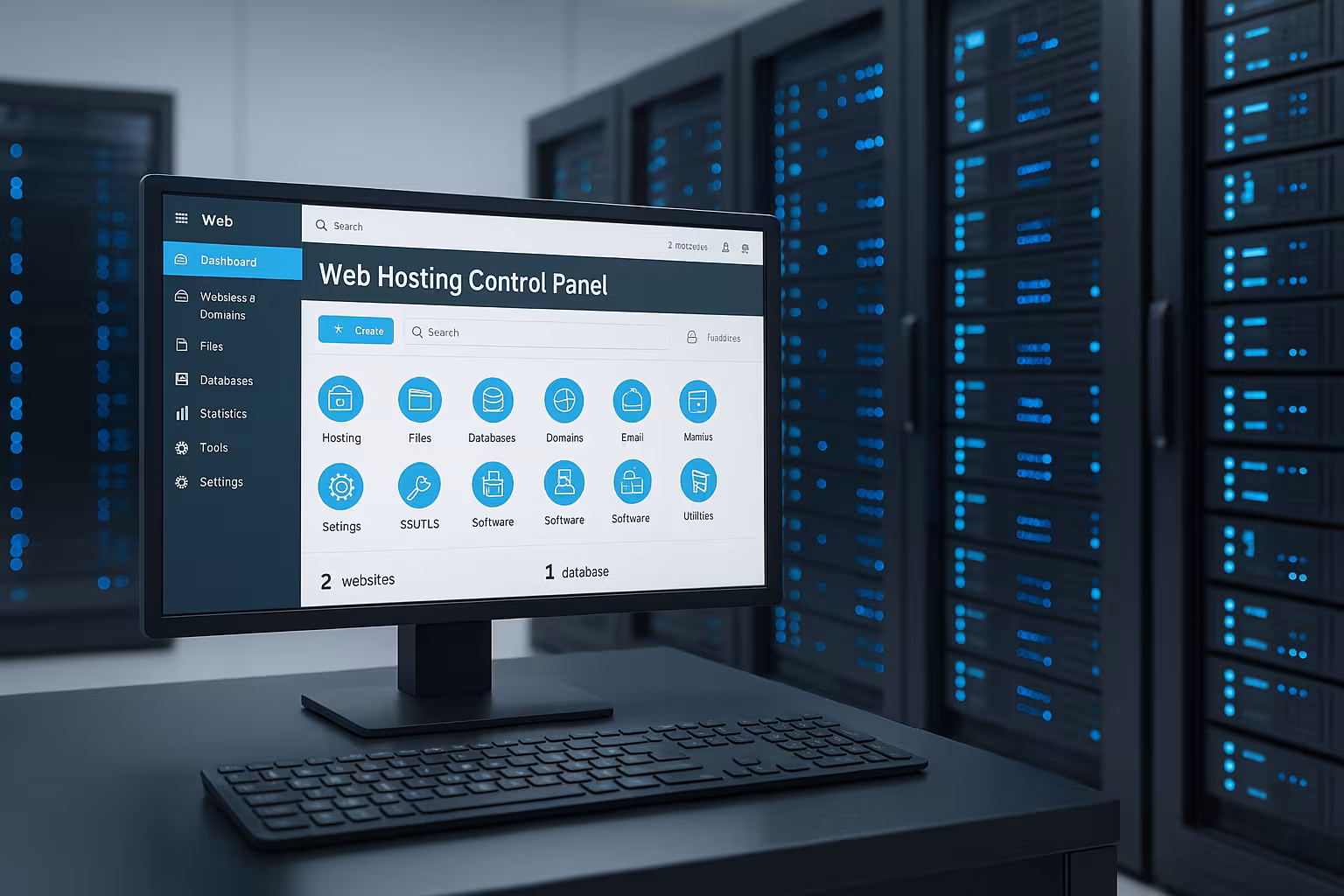 Sala server con pannello di controllo aperto per il web hosting aaPanel