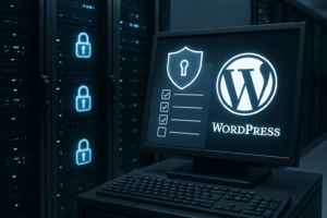 デジタル保護シンボルと、セキュリティを象徴するWordPressのロゴが飾られた、モダンなサーバールーム。.