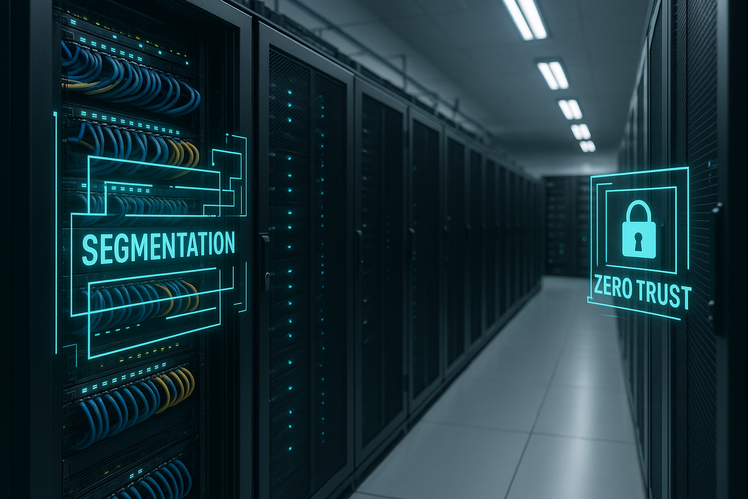 Sala server con cavi di rete, rappresentazione digitale di Zero Trust Hosting e segmentazione