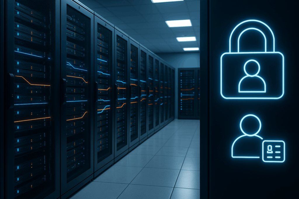 Fotorealistische Darstellung eines sicheren Rechenzentrums für Zero-Trust-Hosting