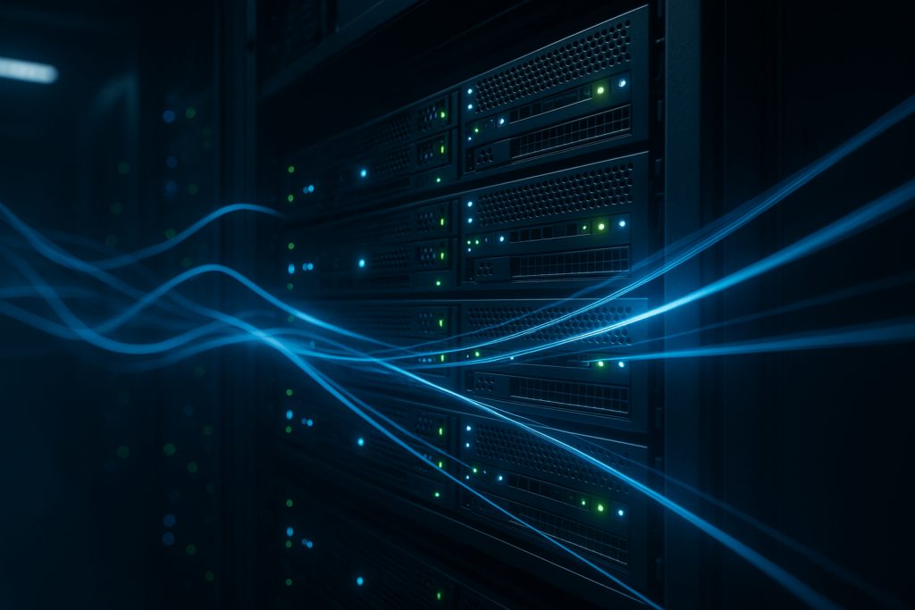 Racks de servidores com LEDs luminosos visualizam filas de trabalho PHP assíncronas