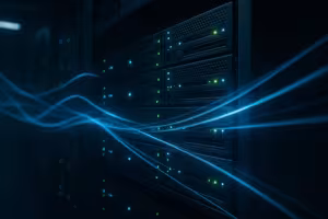 Racks de servidores com LEDs luminosos visualizam filas de trabalho PHP assíncronas