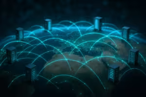 BGPルーティング接続とデータパケットを含むグローバルネットワークインフラストラクチャ図