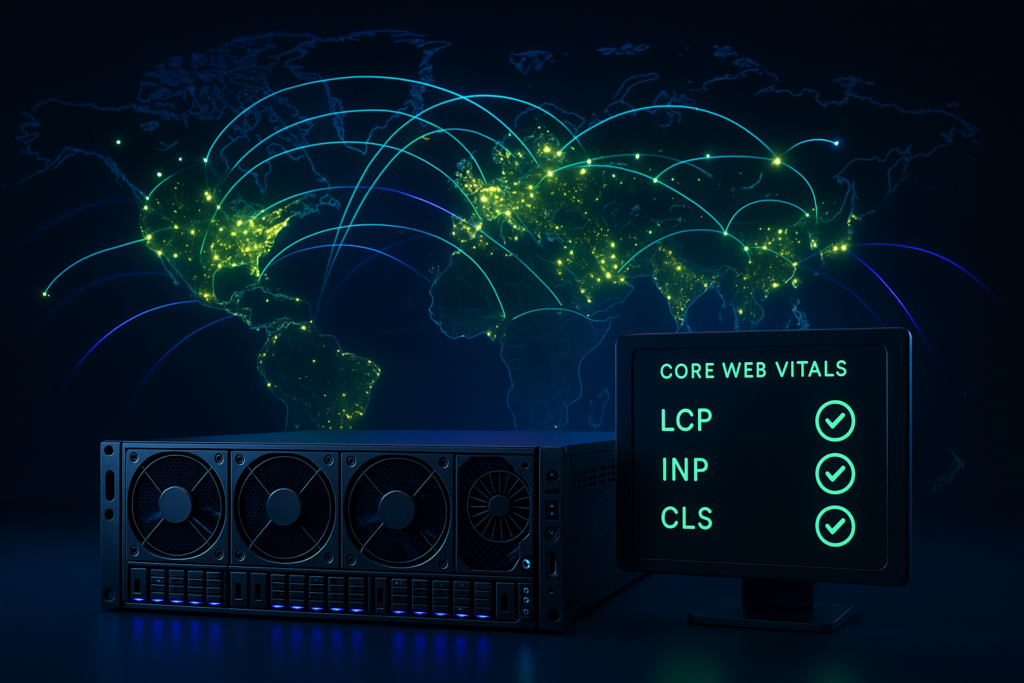 Infraestrutura de alojamento global com localizações de servidores em todo o mundo e métricas Core Web Vitals