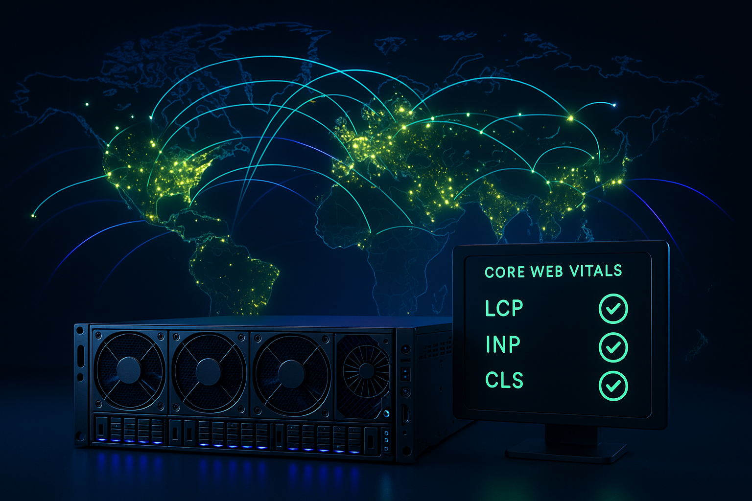 Infrastruttura di hosting globale con server dislocati in tutto il mondo e metriche Core Web Vitals