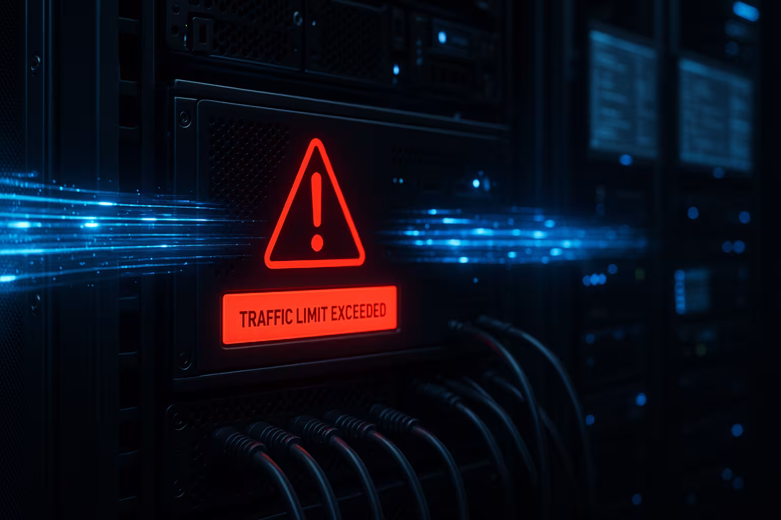 Server room with traffic overload and hosting limits
