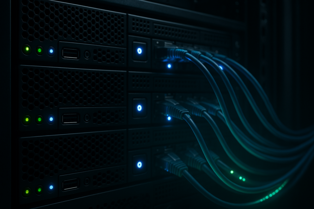 Rack de servidor com ligações de rede luminosas para HTTP Keep-Alive otimizado