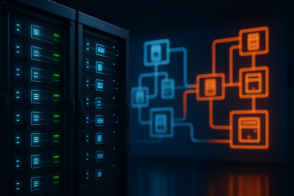 Racks de servidores modernos simbolizam LiteSpeed e NGINX em comparação de desempenho